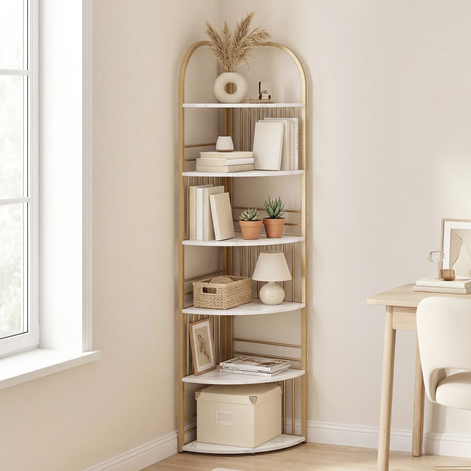 6-Tier Corner Shelf Tall Freestanding Corner Bookshelf with Heavy-duty Metal Frame-White
