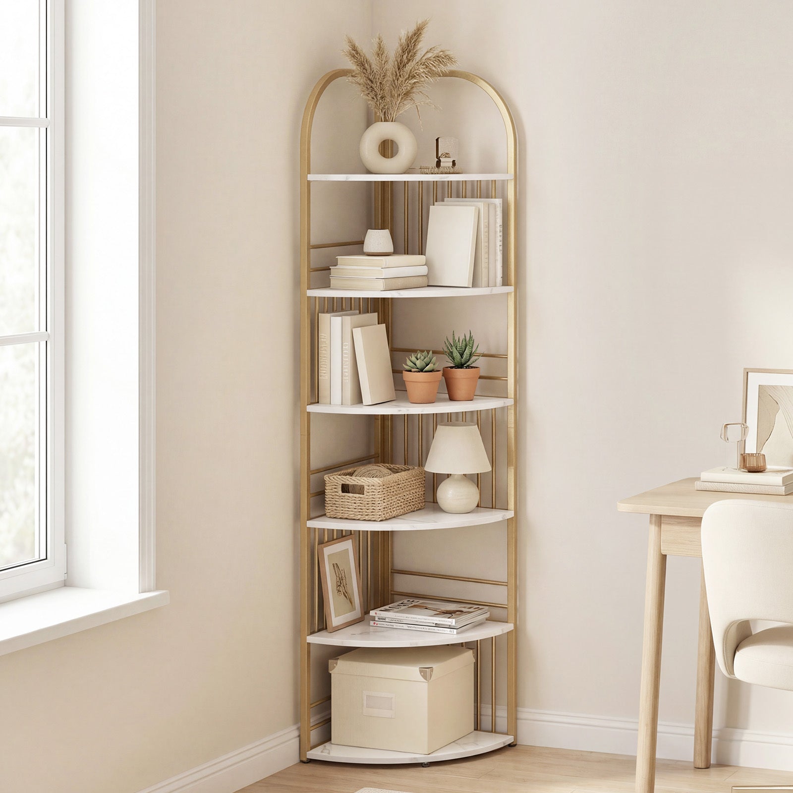 6-Tier Corner Shelf Tall Freestanding Corner Bookshelf with Heavy-duty Metal Frame-White
