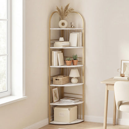6-Tier Corner Shelf Tall Freestanding Corner Bookshelf with Heavy-duty Metal Frame-White