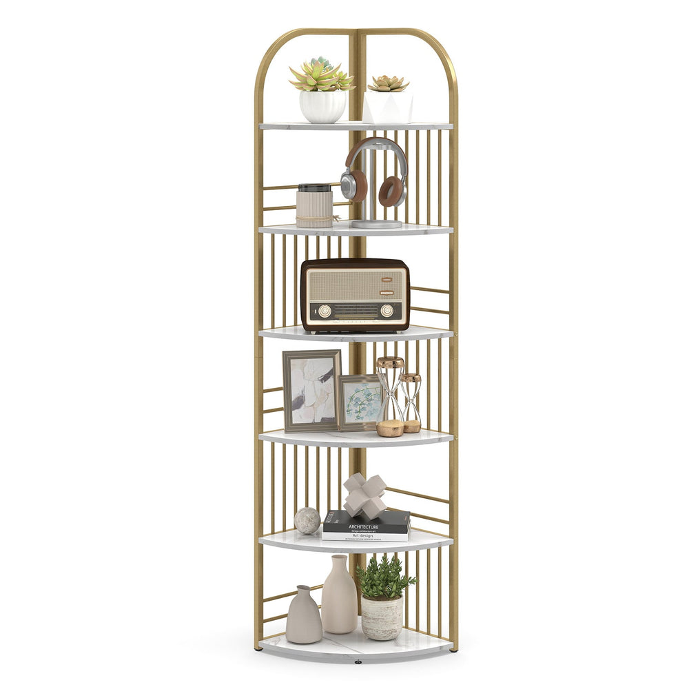 6-Tier Corner Shelf Tall Freestanding Corner Bookshelf with Heavy-duty Metal Frame-White