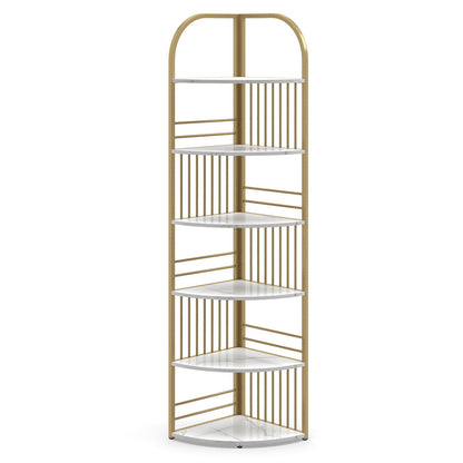 6-Tier Corner Shelf Tall Freestanding Corner Bookshelf with Heavy-duty Metal Frame-White