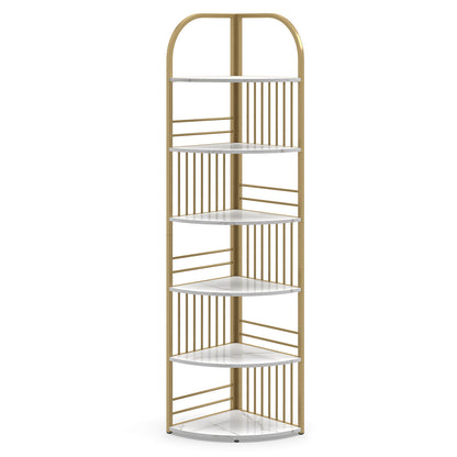 6-Tier Corner Shelf Tall Freestanding Corner Bookshelf with Heavy-duty Metal Frame-White