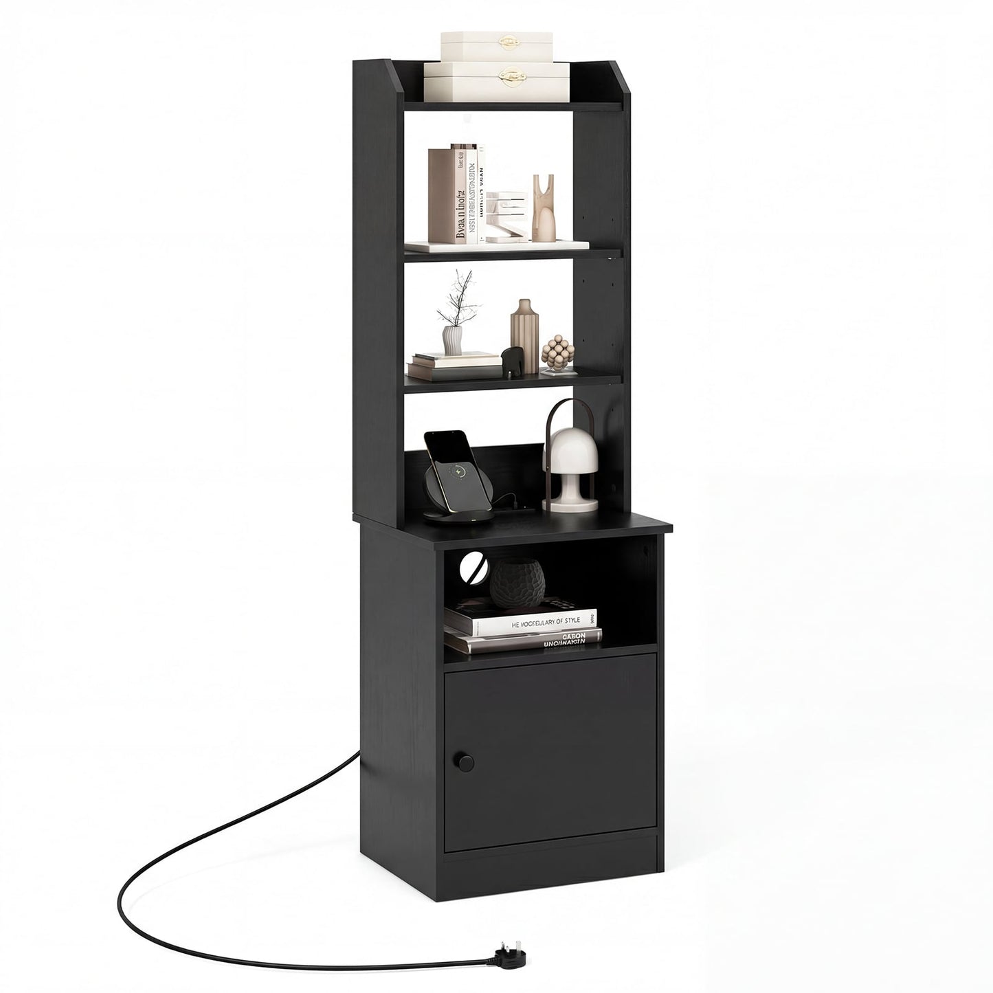 6-Tier Nightstand with Charging Station Bedside Tables Tall Night Stands-Black