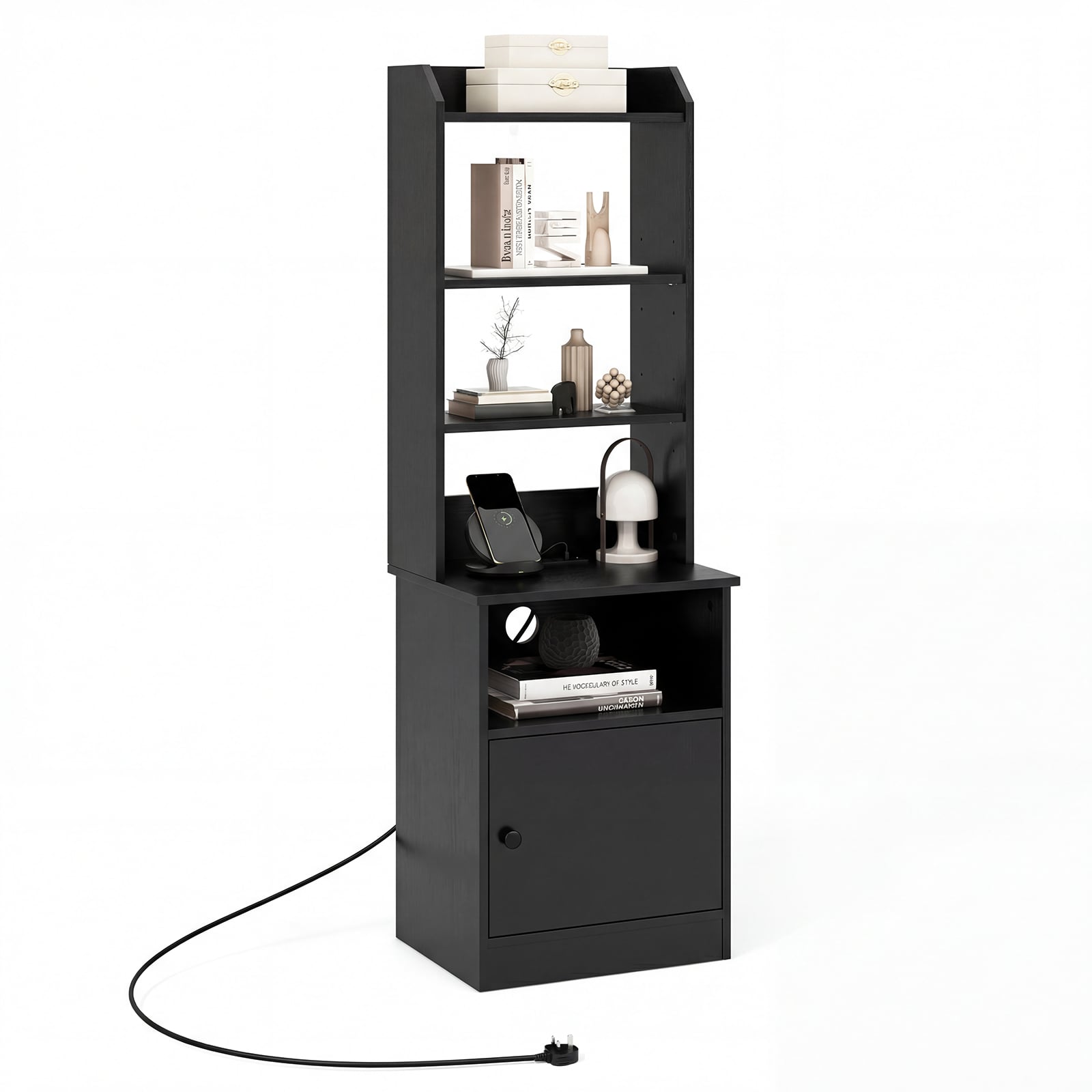 6-Tier Nightstand with Charging Station Bedside Tables Tall Night Stands-Black
