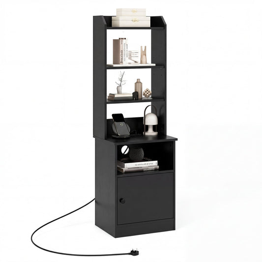 6-Tier Nightstand with Charging Station Bedside Tables Tall Night Stands-Black
