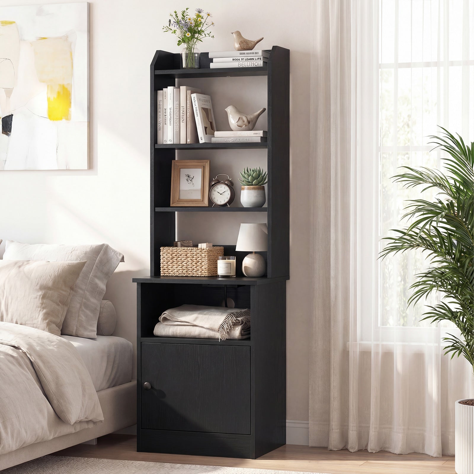 6-Tier Nightstand with Charging Station Bedside Tables Tall Night Stands-Black