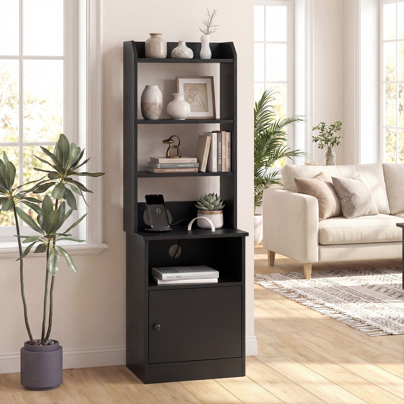 6-Tier Nightstand with Charging Station Bedside Tables Tall Night Stands-Black