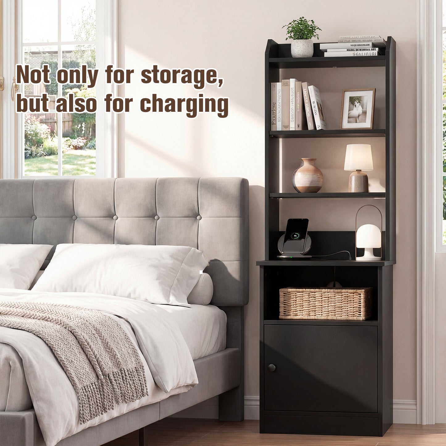 6-Tier Nightstand with Charging Station Bedside Tables Tall Night Stands-Black