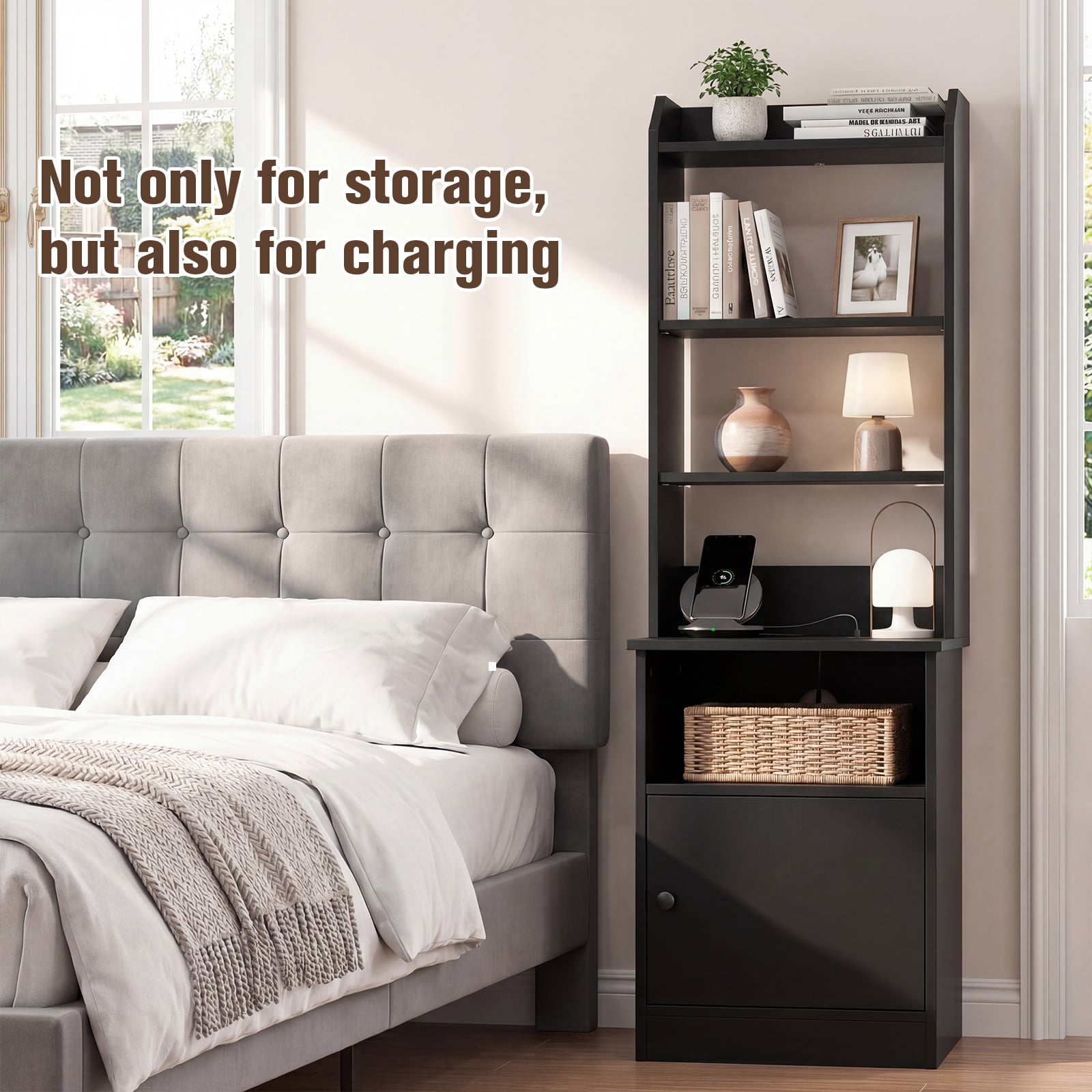 6-Tier Nightstand with Charging Station Bedside Tables Tall Night Stands-Black