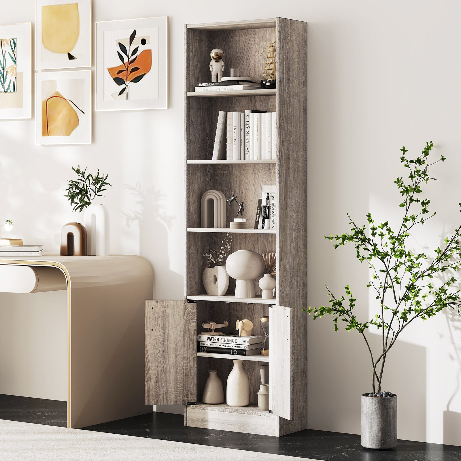 6-Tier 180cm Tall Bookshelf with Double Doors Open Cubes-Grey
