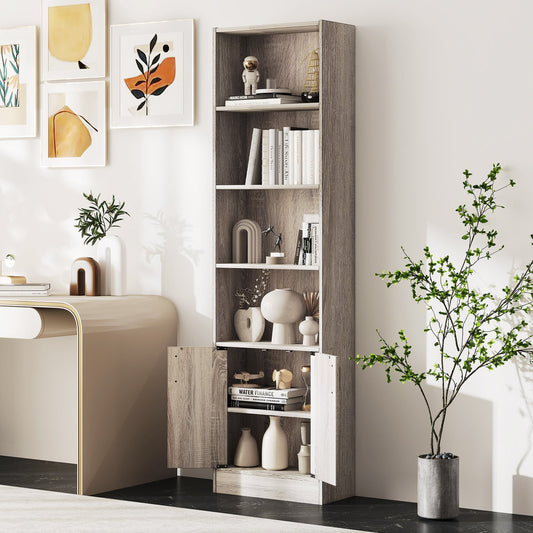 6-Tier 180cm Tall Bookshelf with Double Doors Open Cubes-Grey