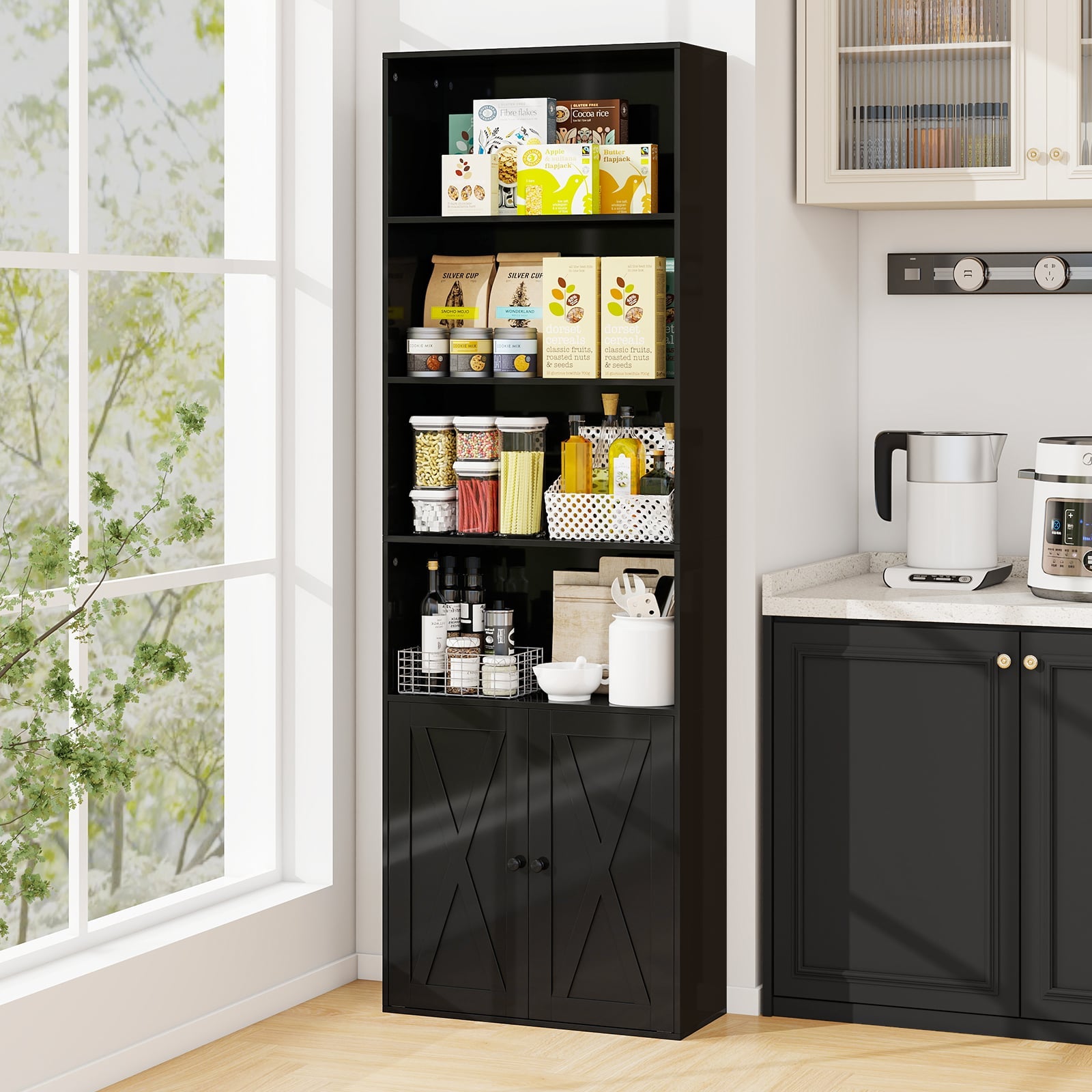 6-Tier Freestanding Bookcase with Farmhouse Style Cabinet Doors-Black