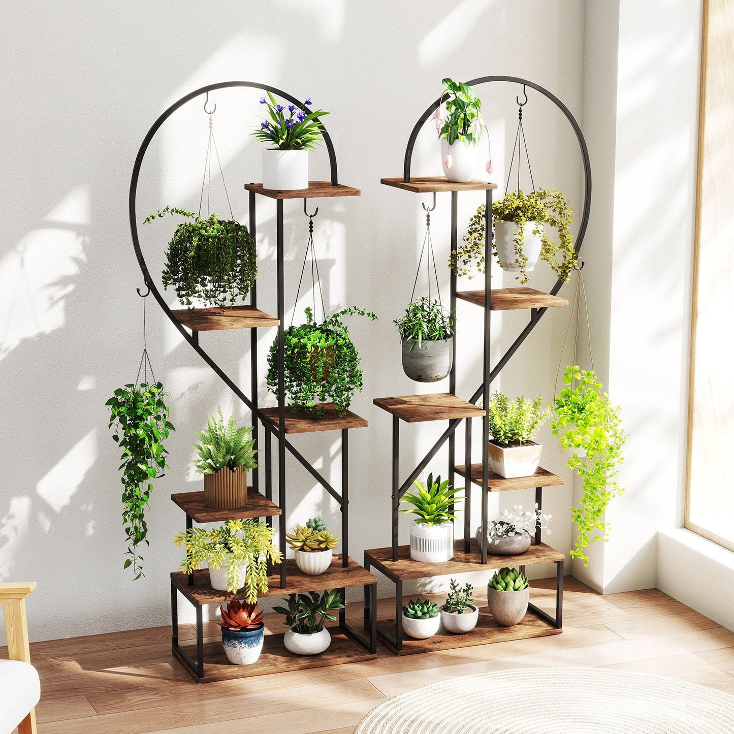 6-Tier Metal Plant Stand Heart-Shape Ladder Plant Shelves -Rustic Brown