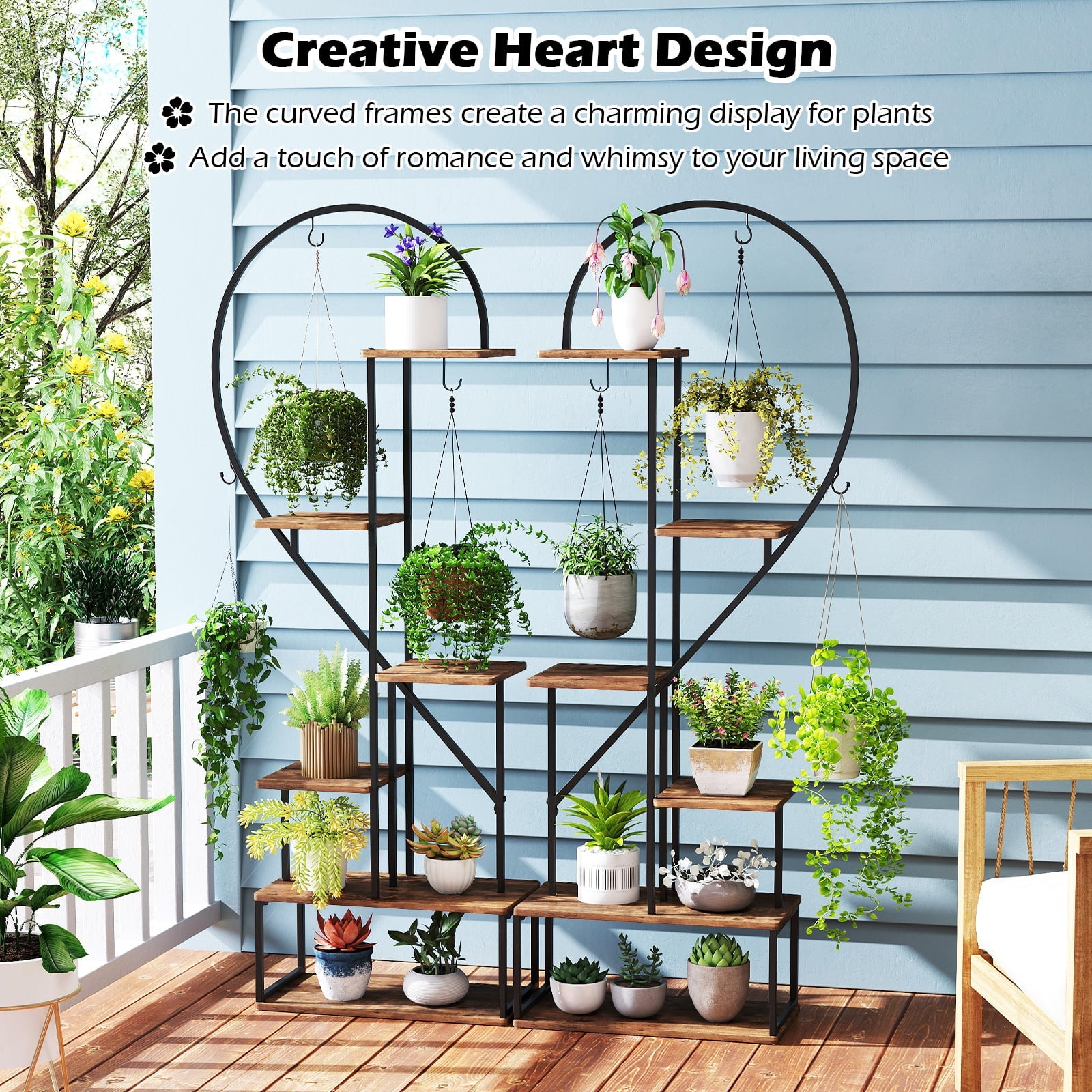 6-Tier Metal Plant Stand Heart-Shape Ladder Plant Shelves -Rustic Brown