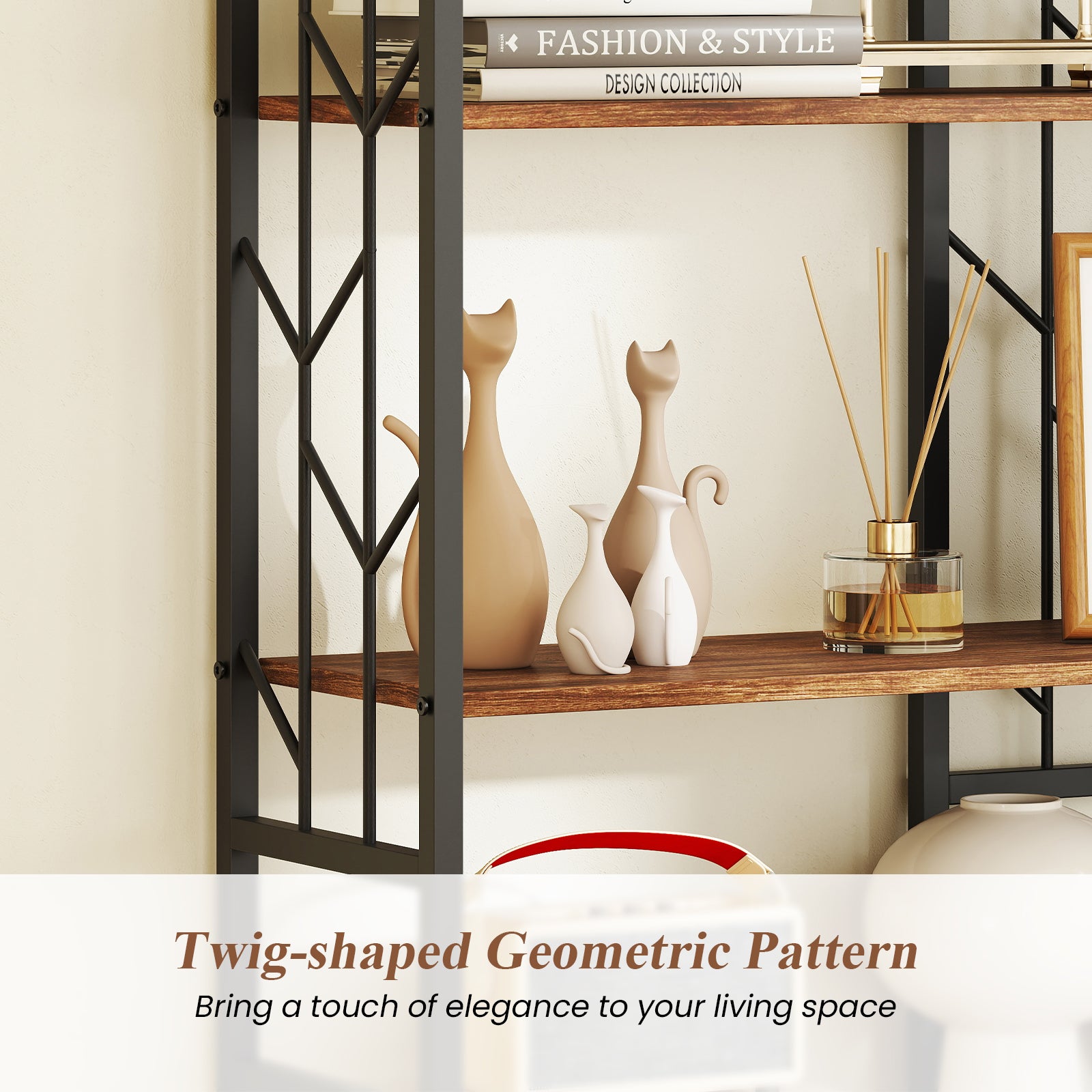 6-Tier Modern Geometric Bookcase with Heavy-duty Metal Frame for Study-Rustic Brown