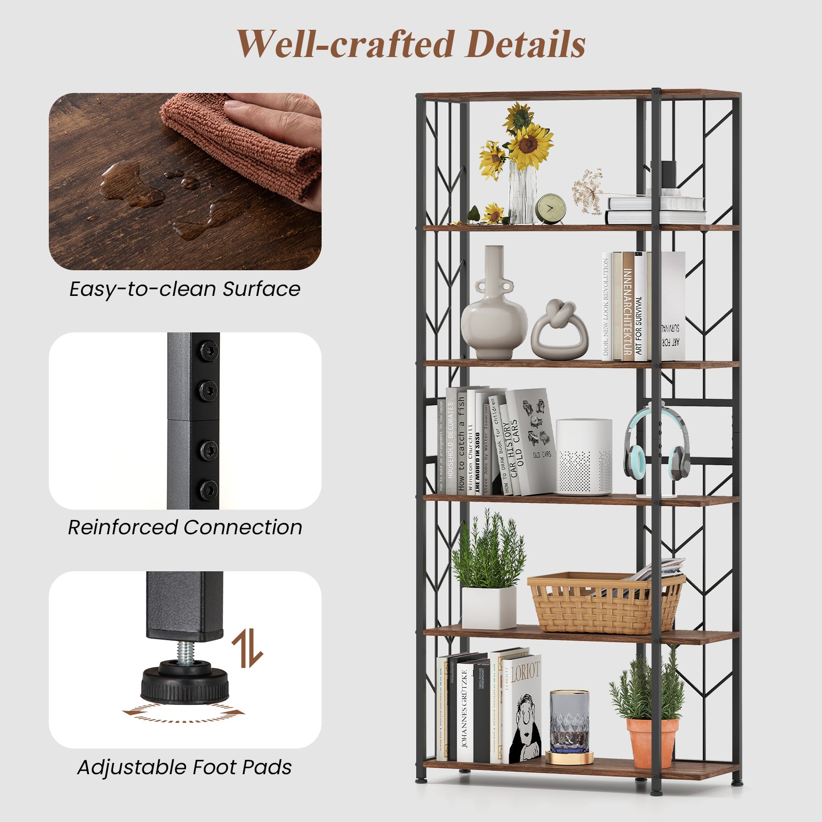 6-Tier Modern Geometric Bookcase with Heavy-duty Metal Frame for Study-Rustic Brown