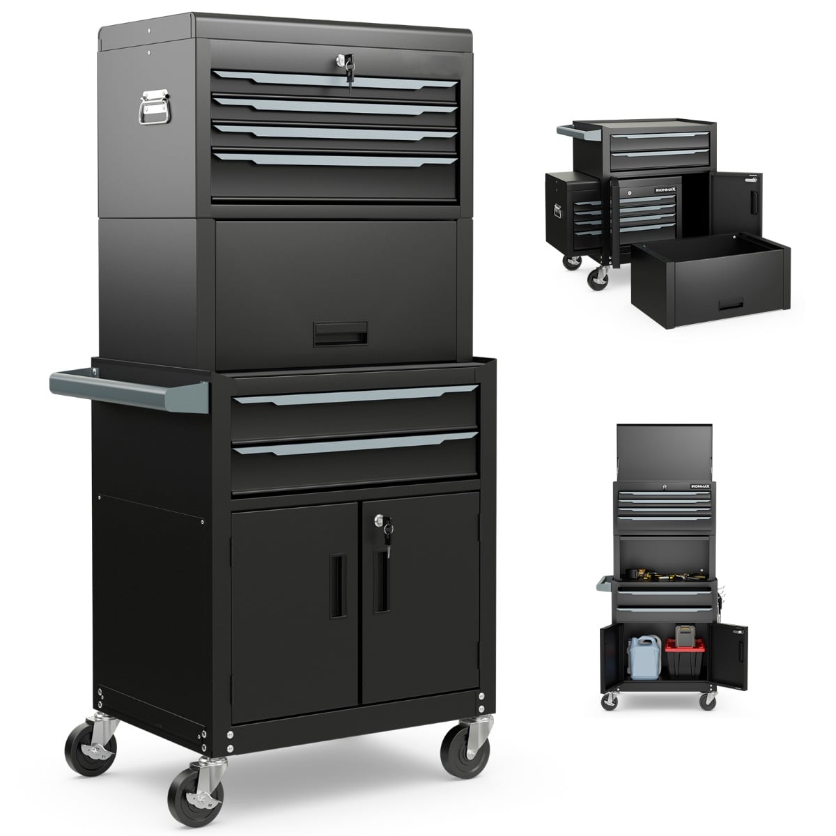 6-Drawer Rolling Tool Chest with Universal Wheels and Hooks-Black-M