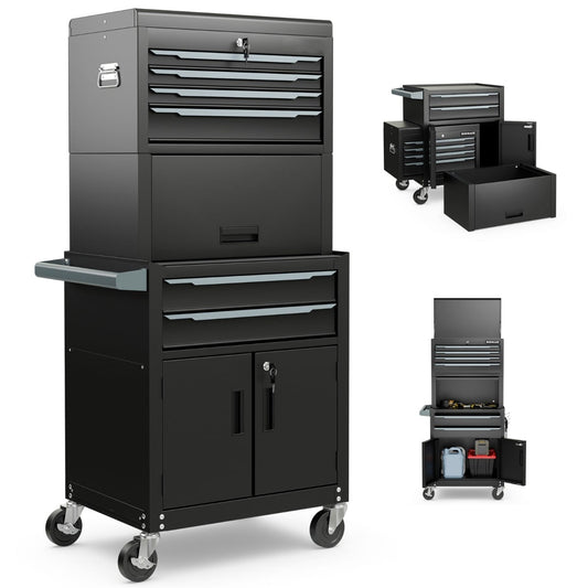 6-Drawer Rolling Tool Chest with Universal Wheels and Hooks-Black-M
