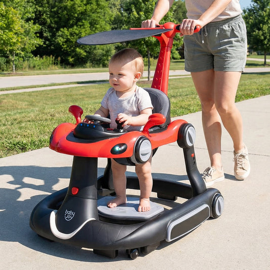 6-in-1 Baby Walker Toddler Push Car with Canopy and Wheels-Black and Red