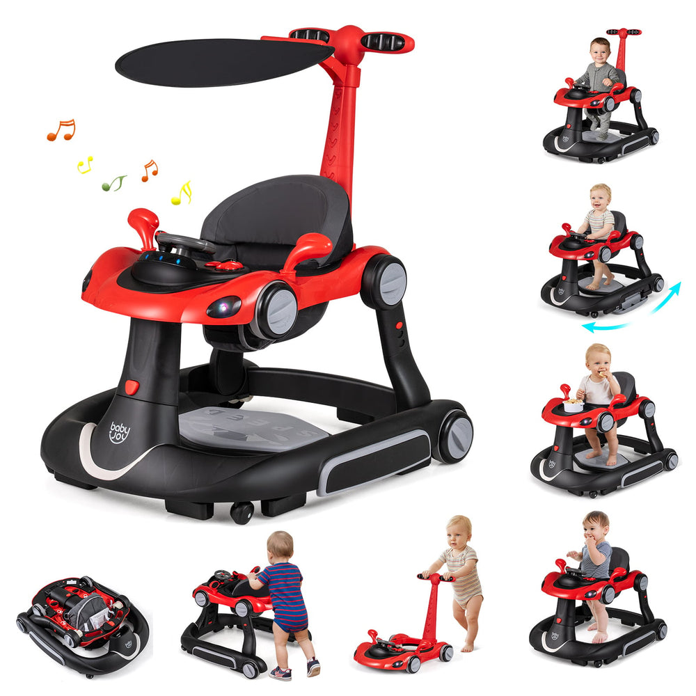 6-in-1 Baby Walker Toddler Push Car with Canopy and Wheels-Black and Red