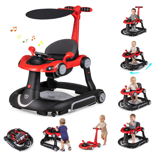 6-in-1 Baby Walker Toddler Push Car with Canopy and Wheels-Black and Red