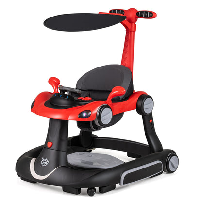 6-in-1 Baby Walker Toddler Push Car with Canopy and Wheels-Black and Red