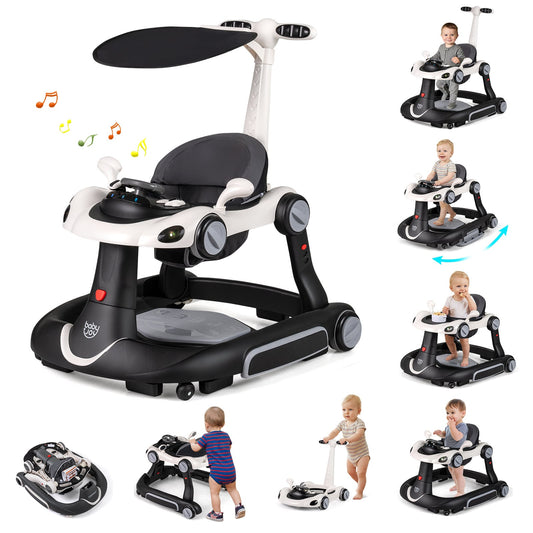 6-in-1 Baby Walker Toddler Push Car with Canopy and Wheels-Black