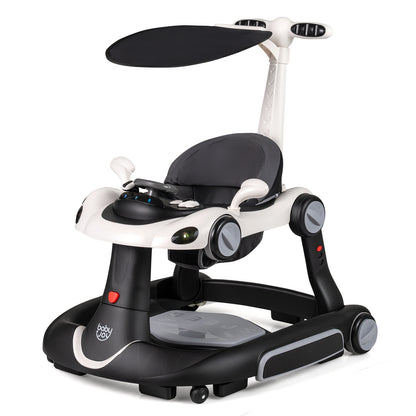 6-in-1 Baby Walker Toddler Push Car with Canopy and Wheels-Black
