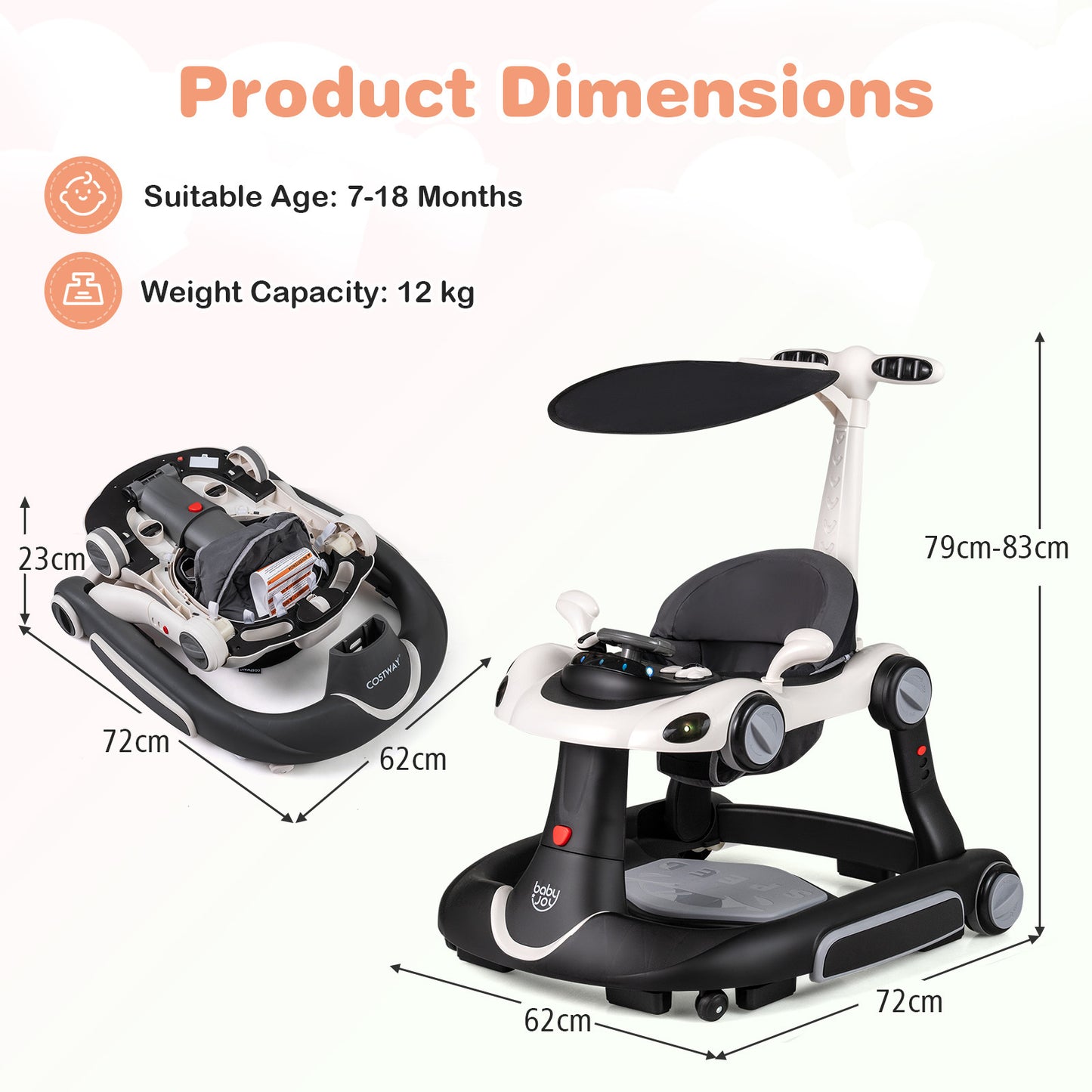 6-in-1 Baby Walker Toddler Push Car with Canopy and Wheels-Black