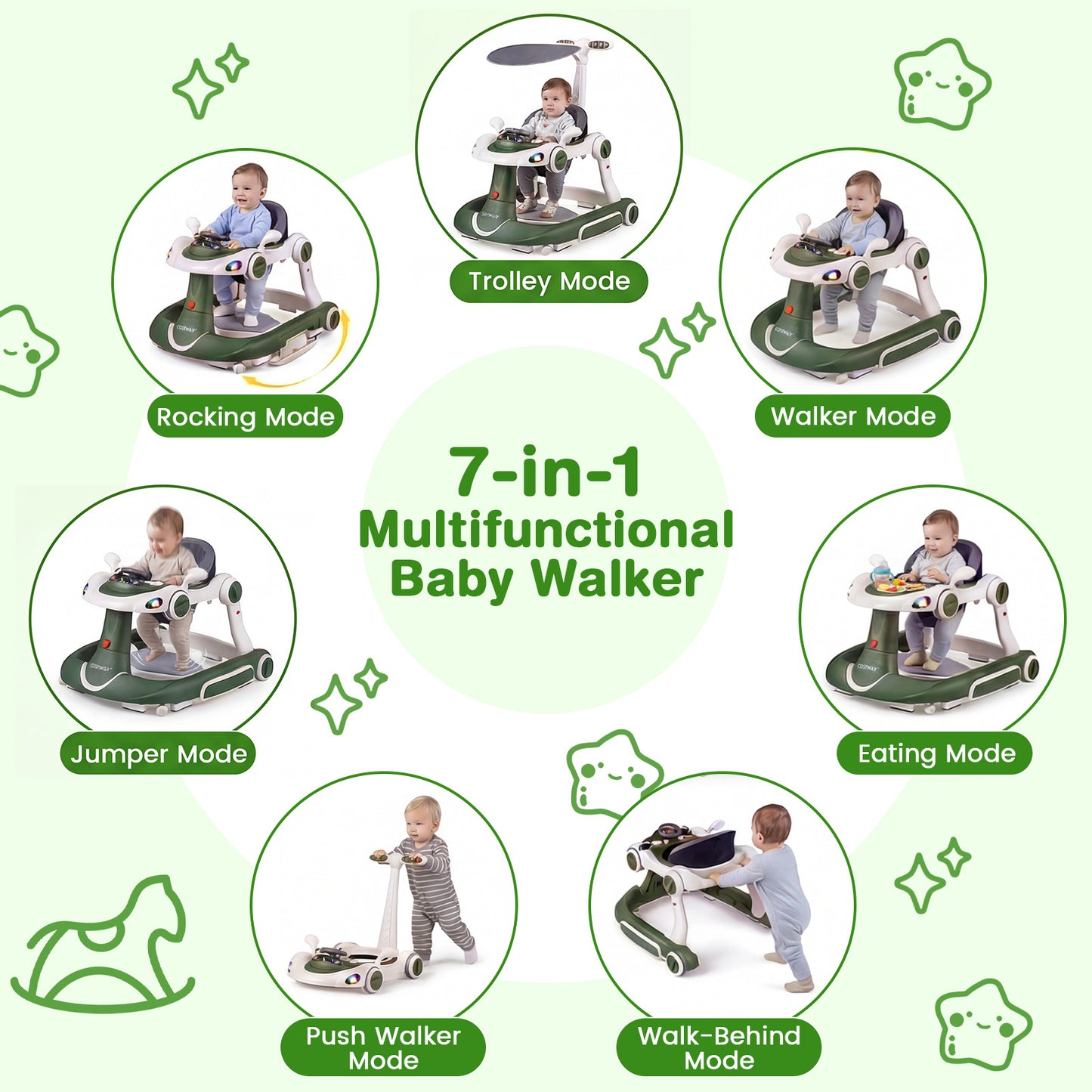 6-in-1 Baby Walker Toddler Push Car with Canopy and Wheels-Green