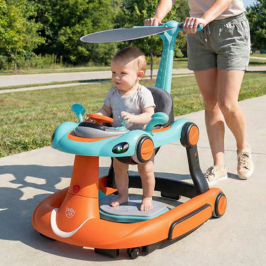 6-in-1 Baby Walker Toddler Push Car with Canopy and Wheels-Orange