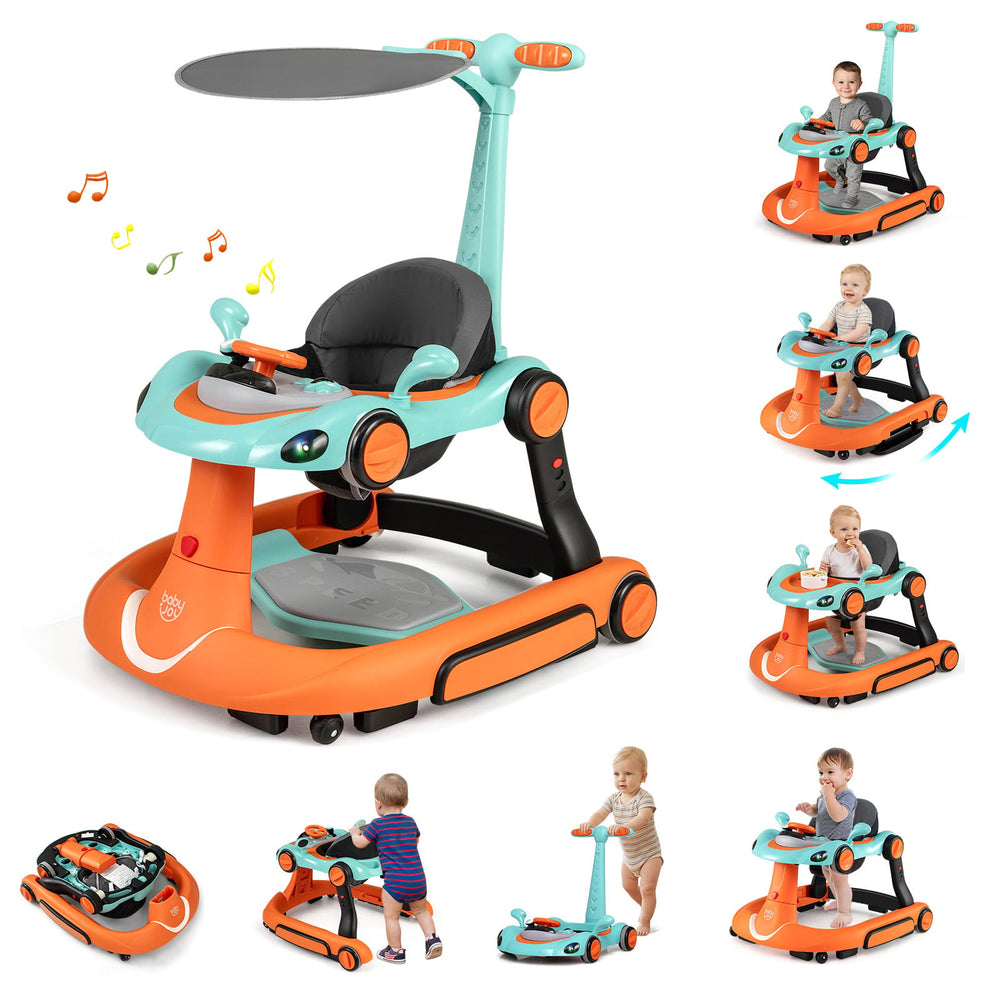 6-in-1 Baby Walker Toddler Push Car with Canopy and Wheels-Orange