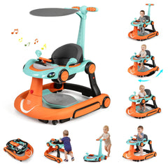 6-in-1 Baby Walker Toddler Push Car with Canopy and Wheels-Orange