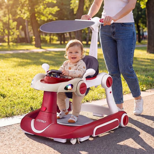 6-in-1 Baby Walker Toddler Push Car with Canopy and Wheels-Red