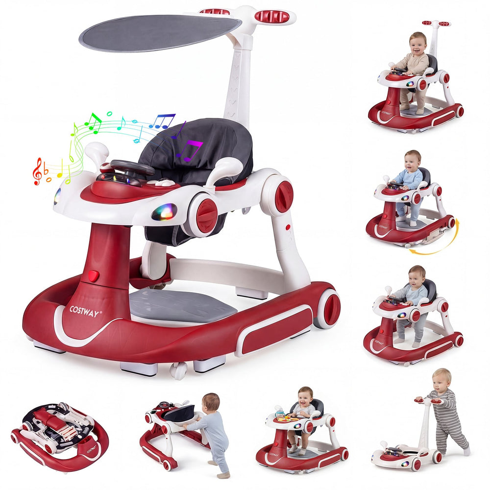 6-in-1 Baby Walker Toddler Push Car with Canopy and Wheels-Red