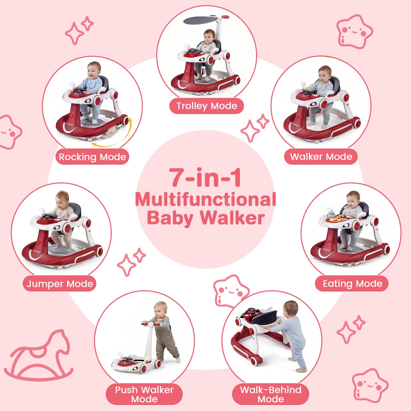 6-in-1 Baby Walker Toddler Push Car with Canopy and Wheels-Red