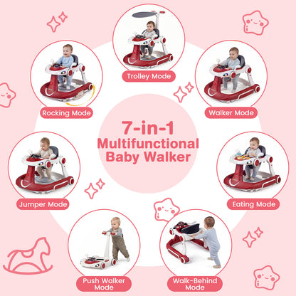 6-in-1 Baby Walker Toddler Push Car with Canopy and Wheels-Red