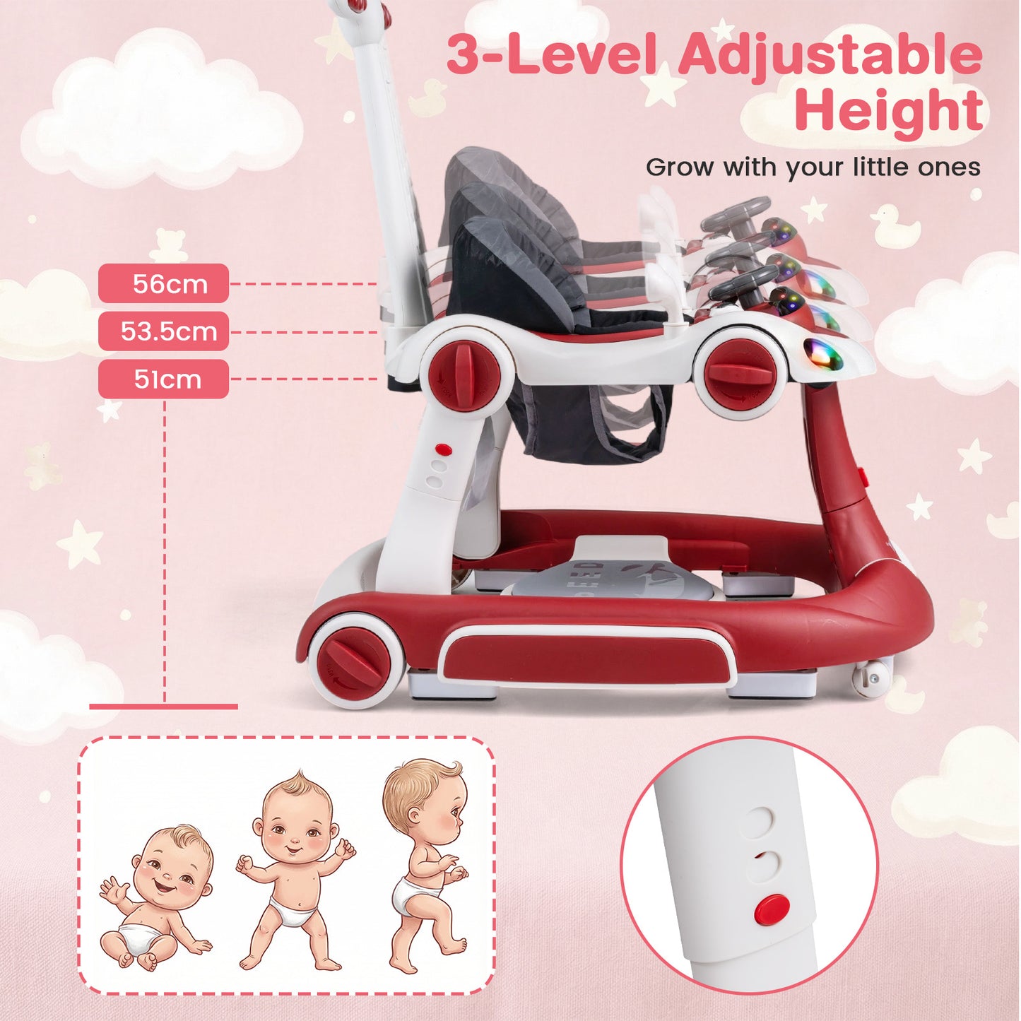 6-in-1 Baby Walker Toddler Push Car with Canopy and Wheels-Red