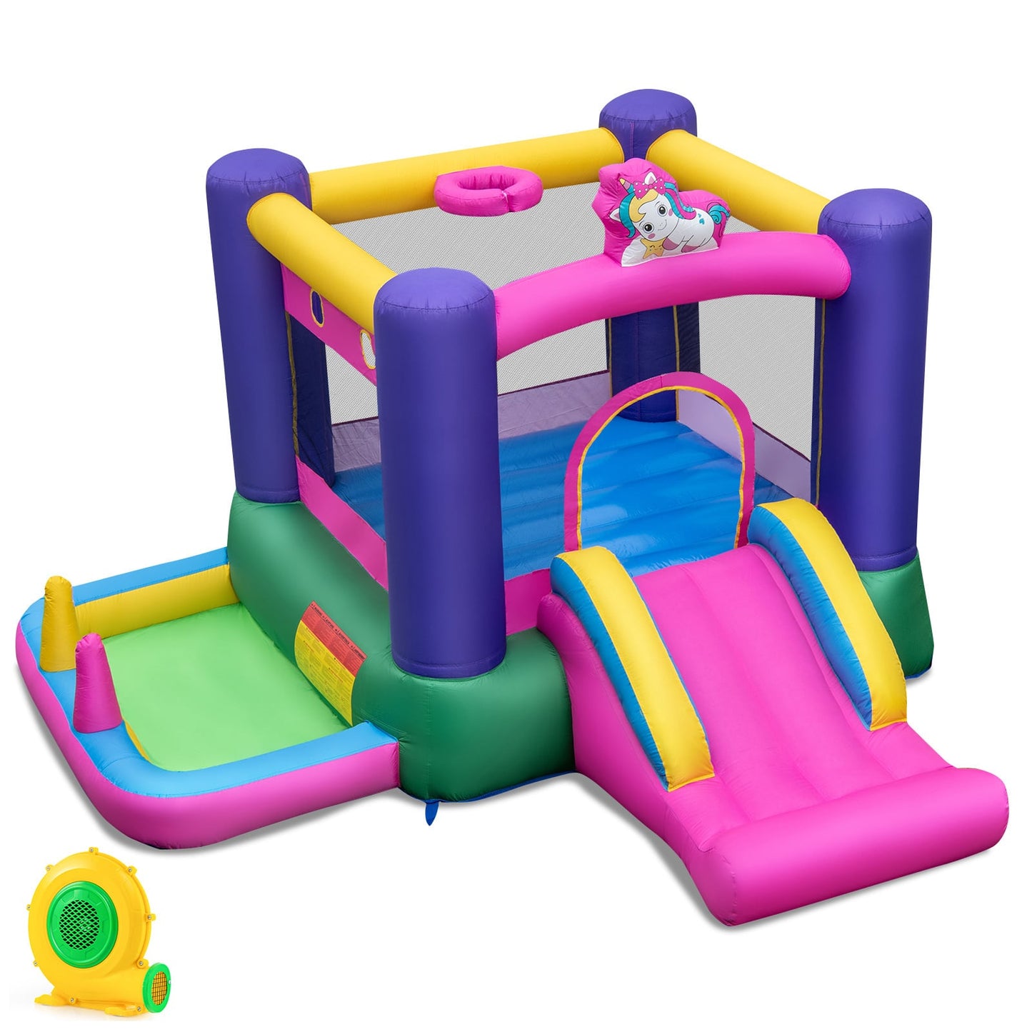 6-in-1 Inflatable Bounce House with Slide and Ball Pit Unicorn-Themed with 480W Blower