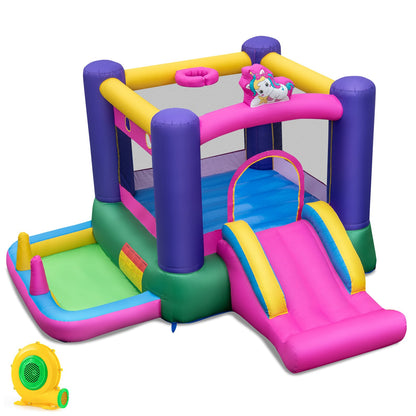6-in-1 Inflatable Bounce House with Slide and Ball Pit Unicorn-Themed with 480W Blower