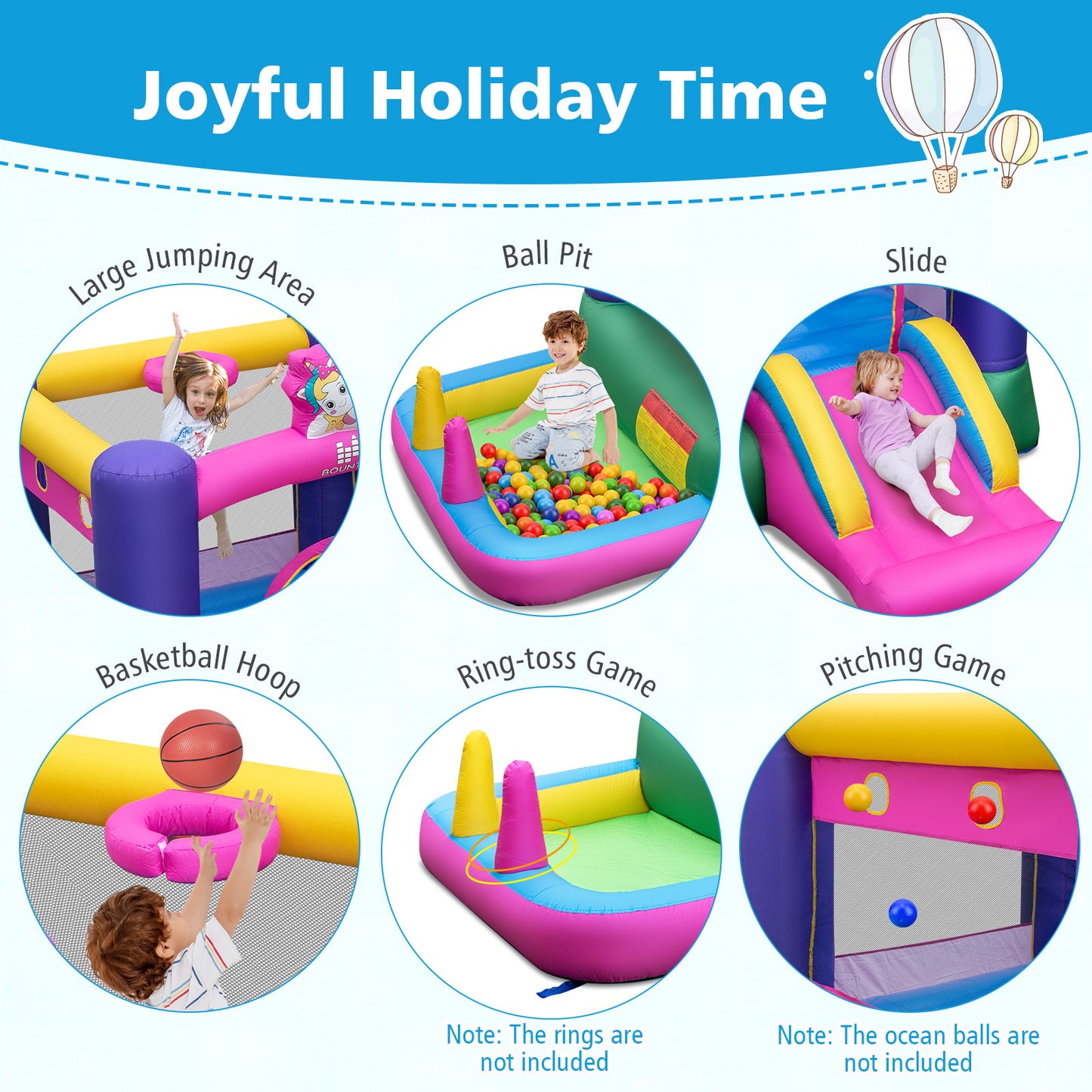 6-in-1 Inflatable Bounce House with Slide and Ball Pit Unicorn-Themed with 480W Blower