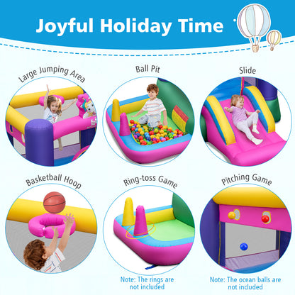 6-in-1 Inflatable Bounce House with Slide and Ball Pit Unicorn-Themed with 480W Blower