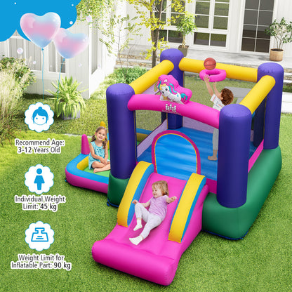 6-in-1 Inflatable Bounce House with Slide and Ball Pit Unicorn-Themed with 480W Blower