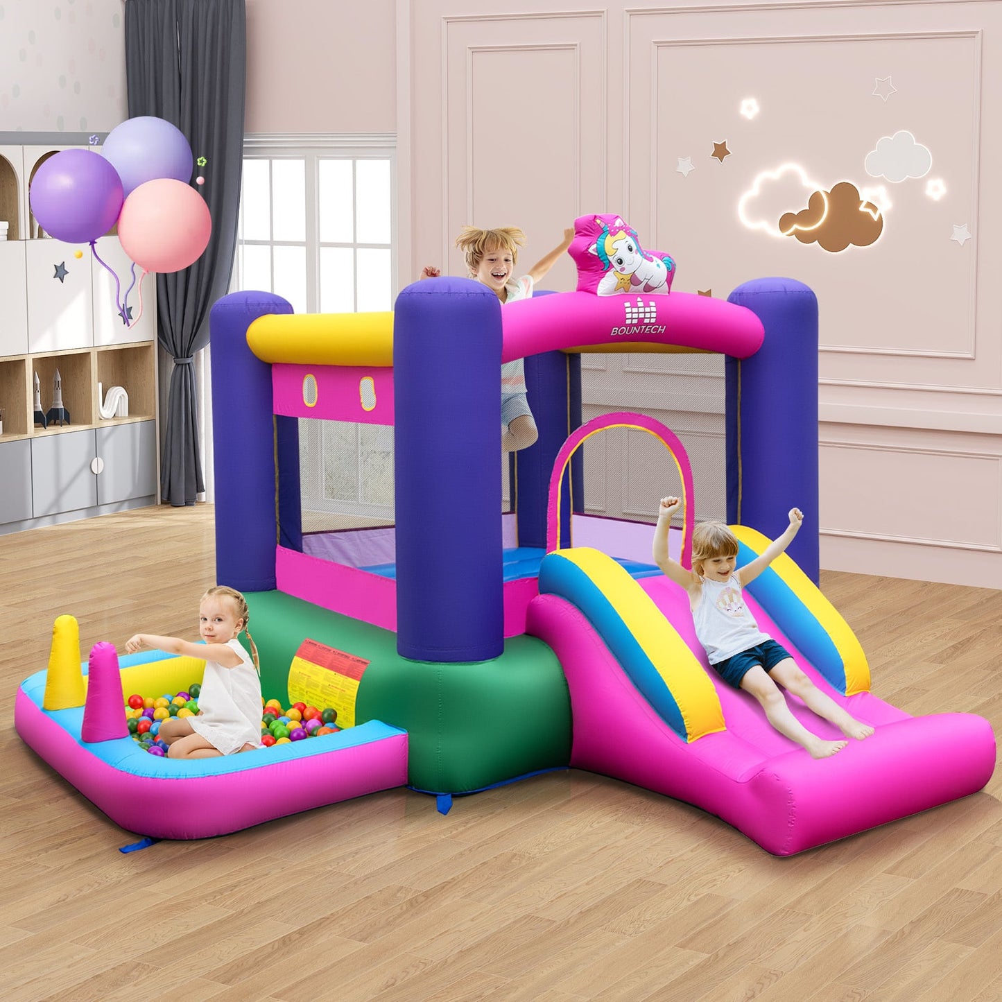6-in-1 Inflatable Bounce House with Slide and Ball Pit Unicorn-Themed with 480W Blower