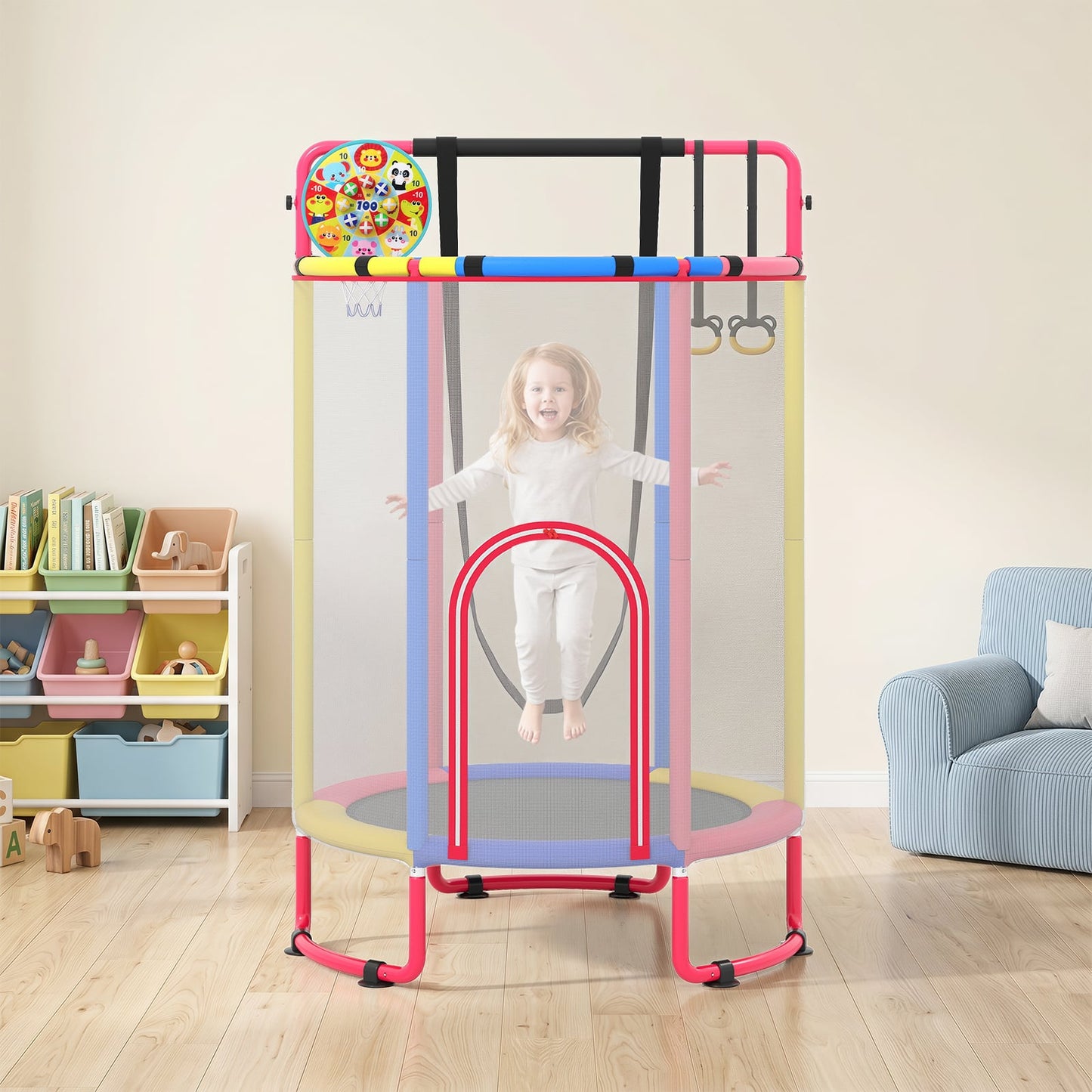 6-in-1 Kids Trampoline 140 cm Indoor Outdoor Trampoline with Swing-Multicolor