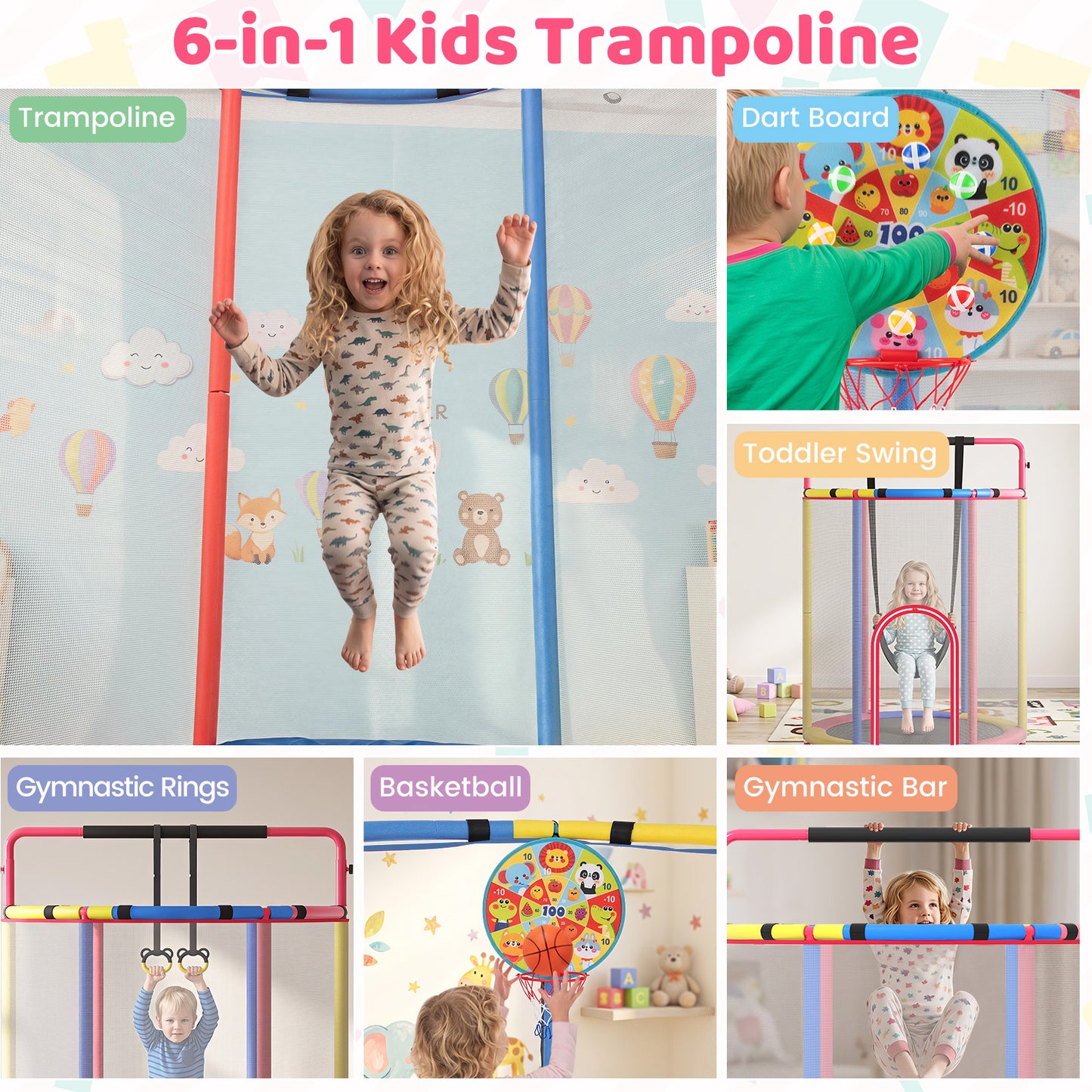6-in-1 Kids Trampoline 140 cm Indoor Outdoor Trampoline with Swing-Multicolor
