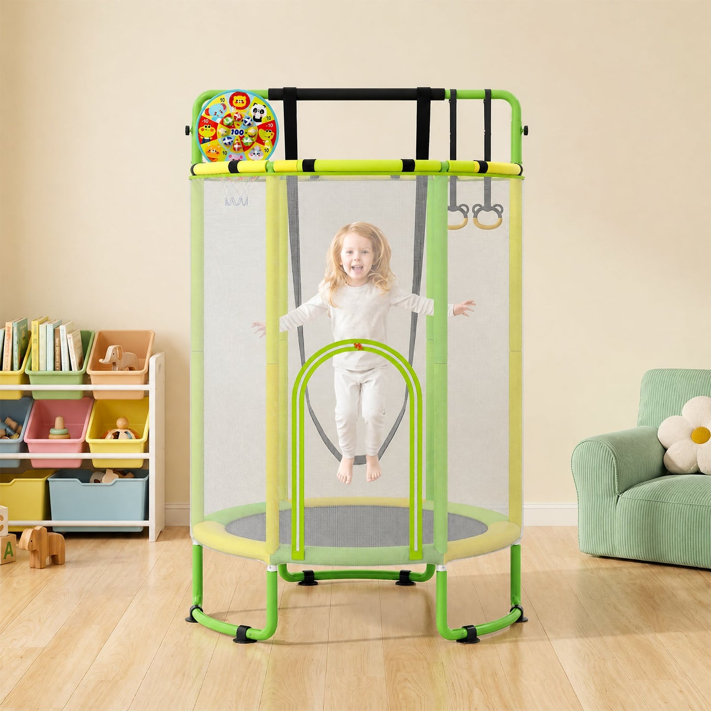 6-in-1 Kids Trampoline 140 cm Indoor Outdoor Trampoline with Swing-Yellow and Green