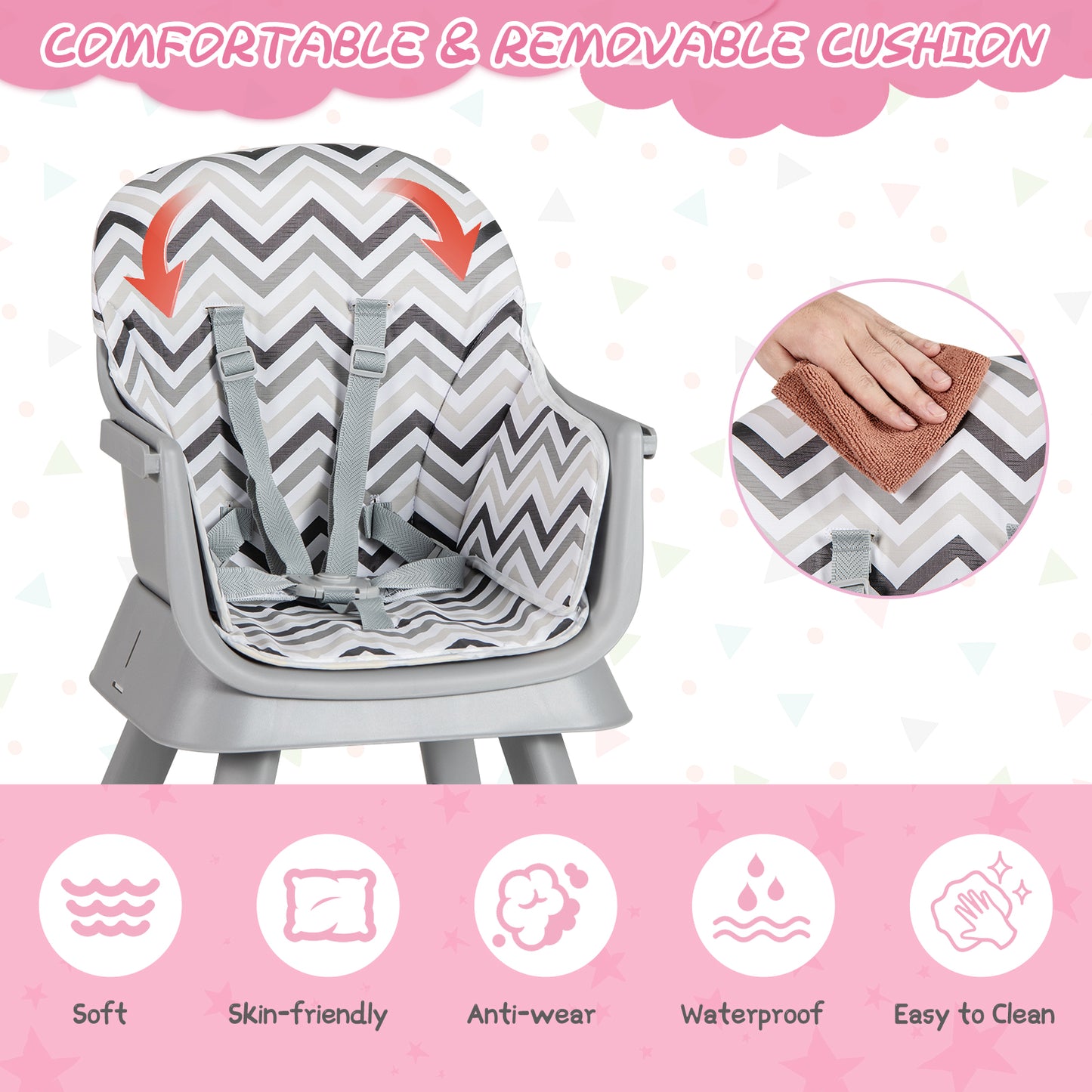 6-in-1 Baby High Chair with 5-Point Harness and Removable Tray-Gray &amp;amp; White
