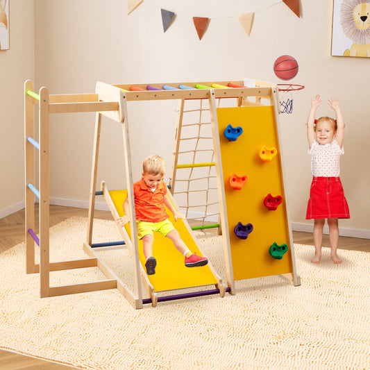 6-in-1 Jungle Gym with Slide and Rock Climbing for 3-14 Years Olds-Rainbow