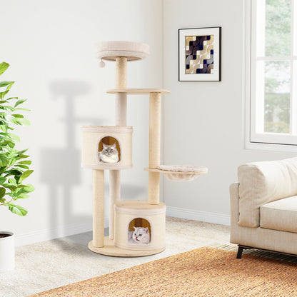 6-level Wooden cat tree with cat condo and sisal scratching posts for indoor-Natural